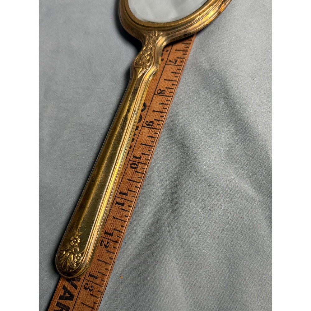 Vintage Mother of Pearl Inlay Gold Tone Vanity Set Hand Mirror Hairbrush 2pc - Picture 8 of 12